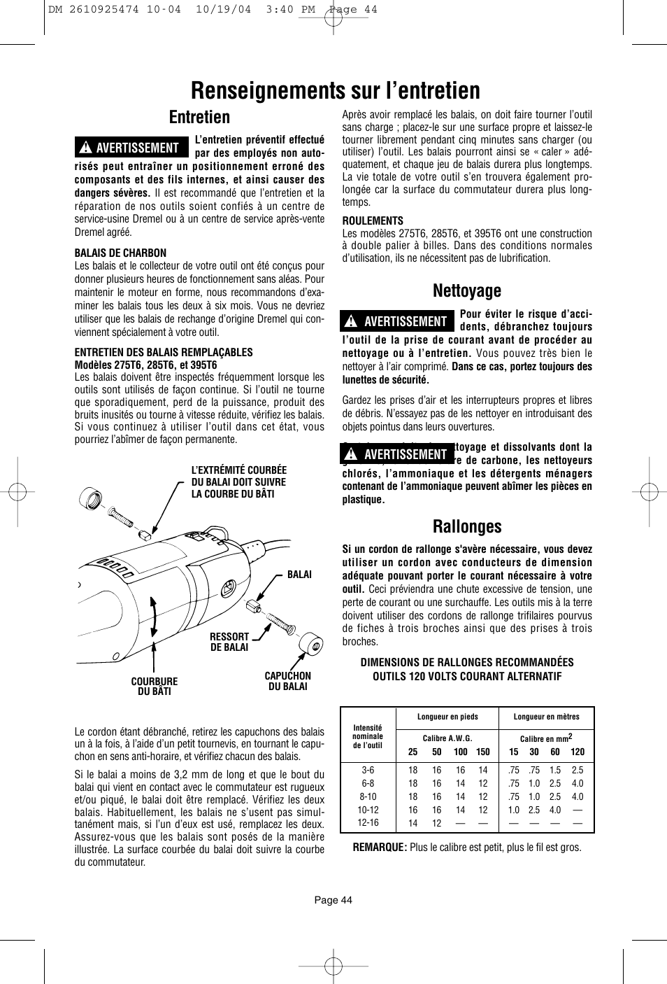 Renseignements sur l’entretien, Entretien, Nettoyage | Rallonges, Avertissement ! avertissement ! avertissement | Bosch 275T6 User Manual | Page 44 / 92