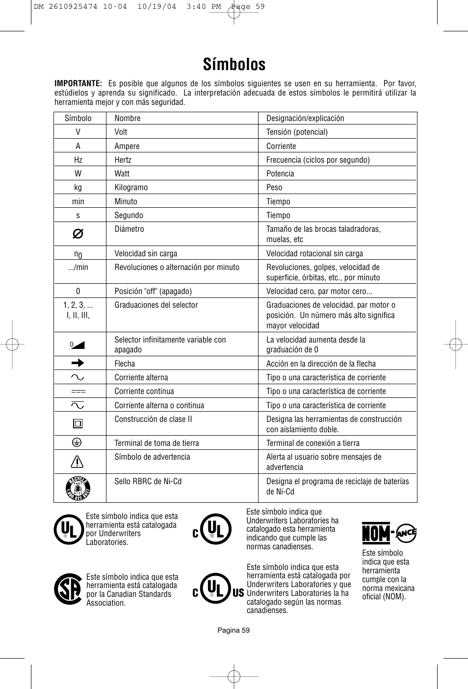 Símbolos | Bosch 275T6 User Manual | Page 59 / 92