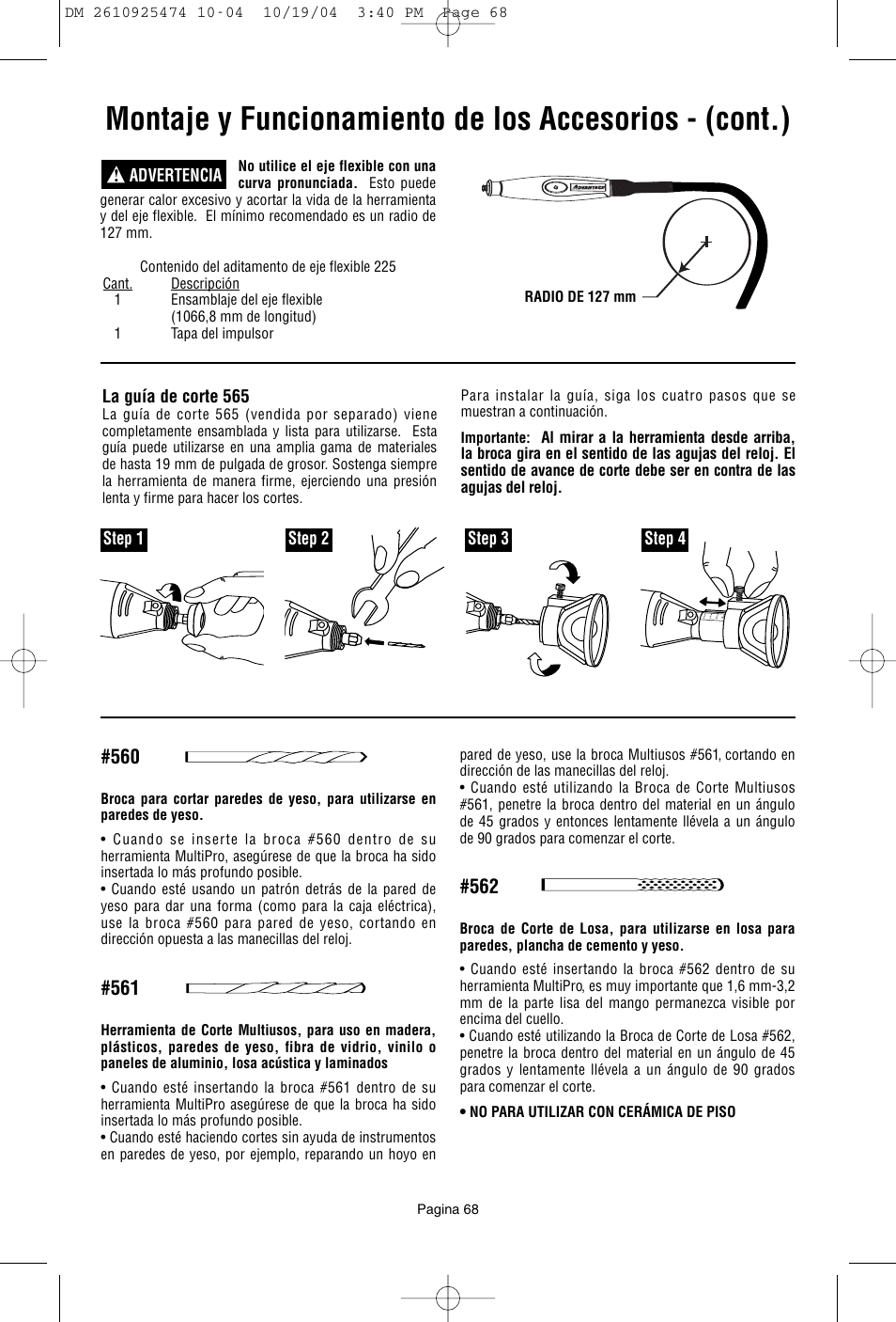 Advertencia ! la guía de corte 565, Step 1 step 2 step 3 step 4 | Bosch 275T6 User Manual | Page 68 / 92