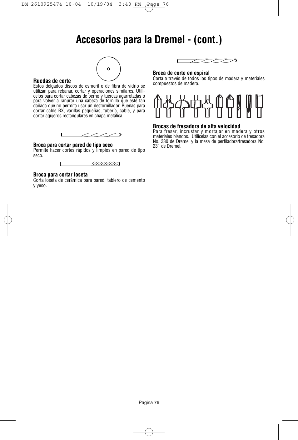 Accesorios para la dremel - (cont.) | Bosch 275T6 User Manual | Page 76 / 92