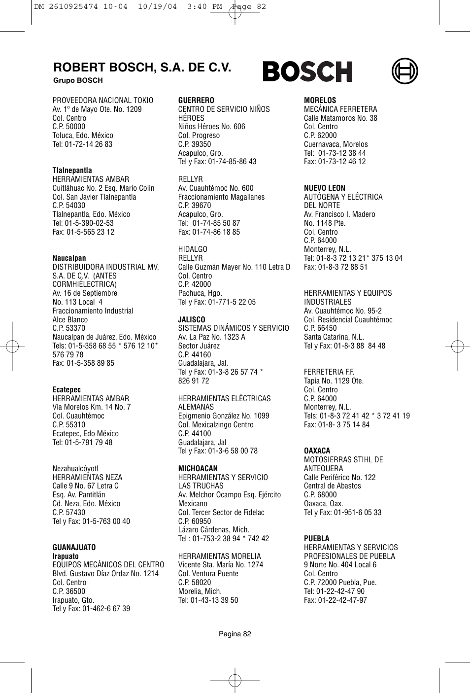 Robert bosch, s.a. de c.v | Bosch 275T6 User Manual | Page 82 / 92