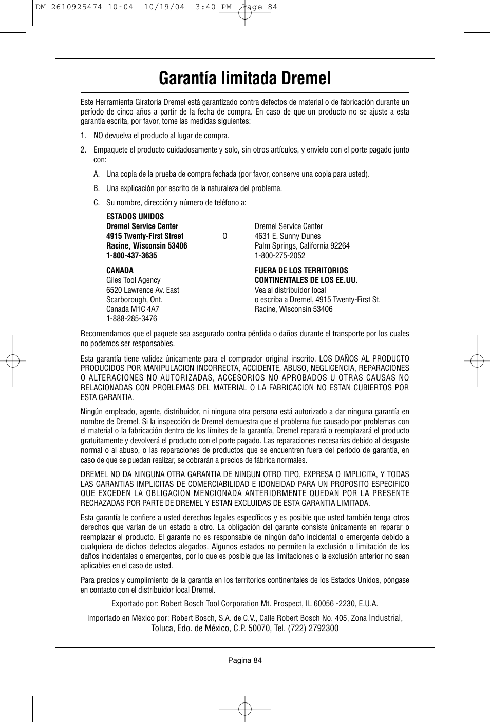 Garantía limitada dremel | Bosch 275T6 User Manual | Page 84 / 92