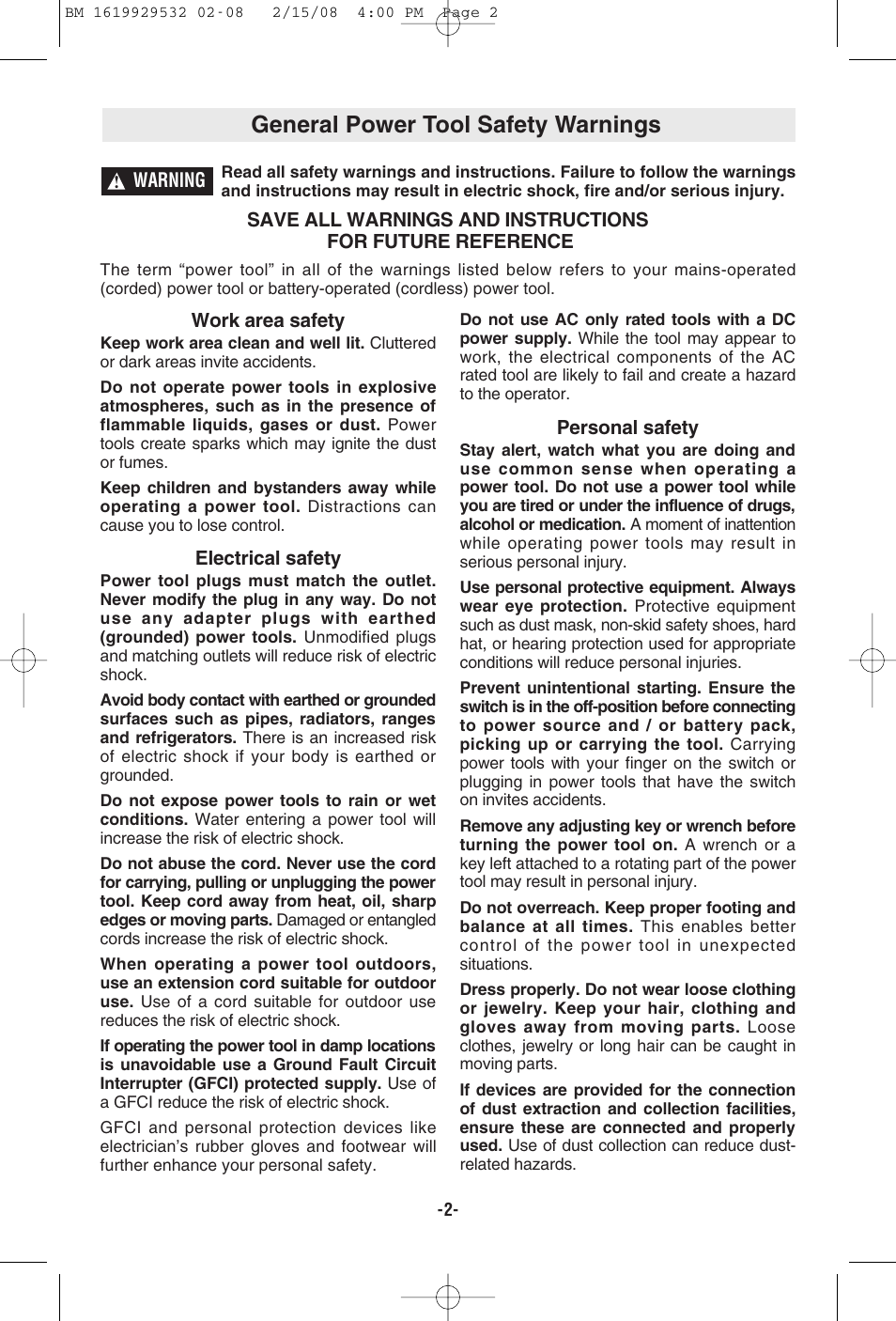 General power tool safety warnings | Bosch 11236VS User Manual | Page 2 / 28