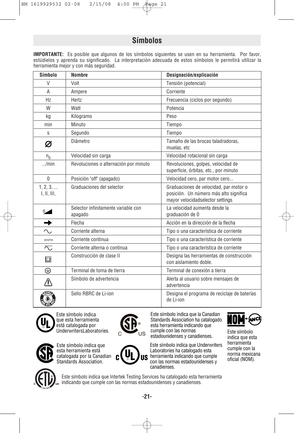Símbolos | Bosch 11236VS User Manual | Page 21 / 28