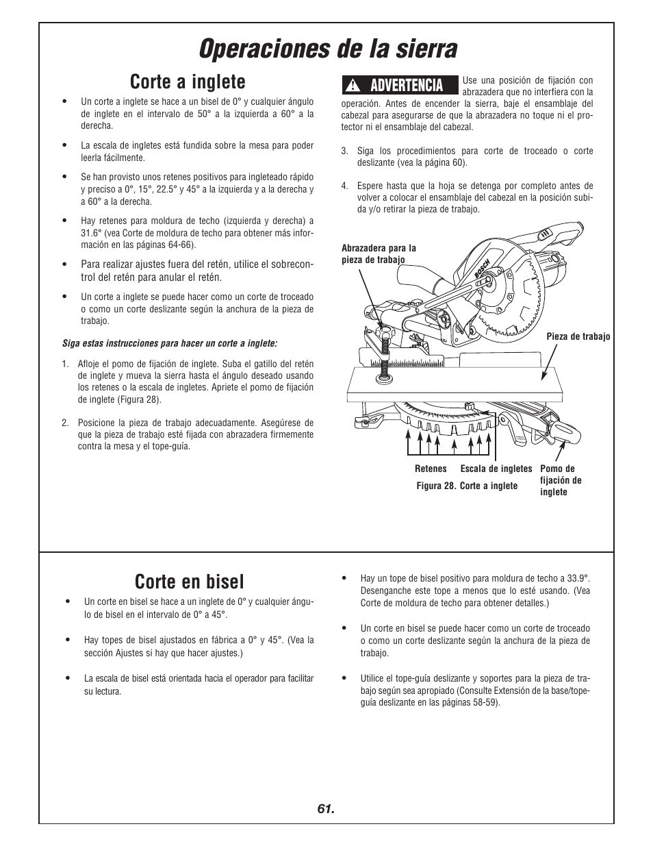 Operaciones de la sierra, Corte a inglete, Corte en bisel | Advertencia | Bosch 4405 User Manual | Page 61 / 112