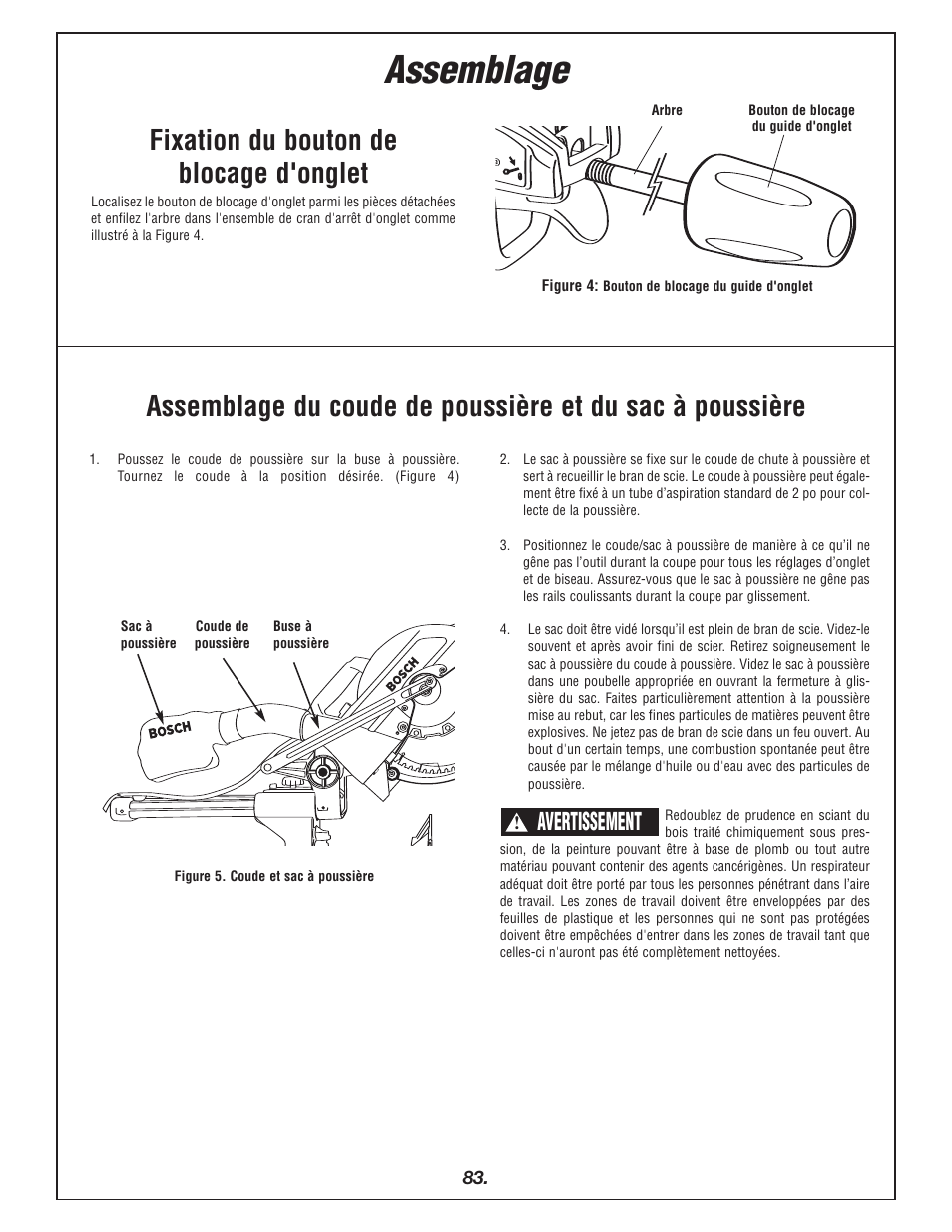 Assemblage, Avertissement | Bosch 4405 User Manual | Page 83 / 112