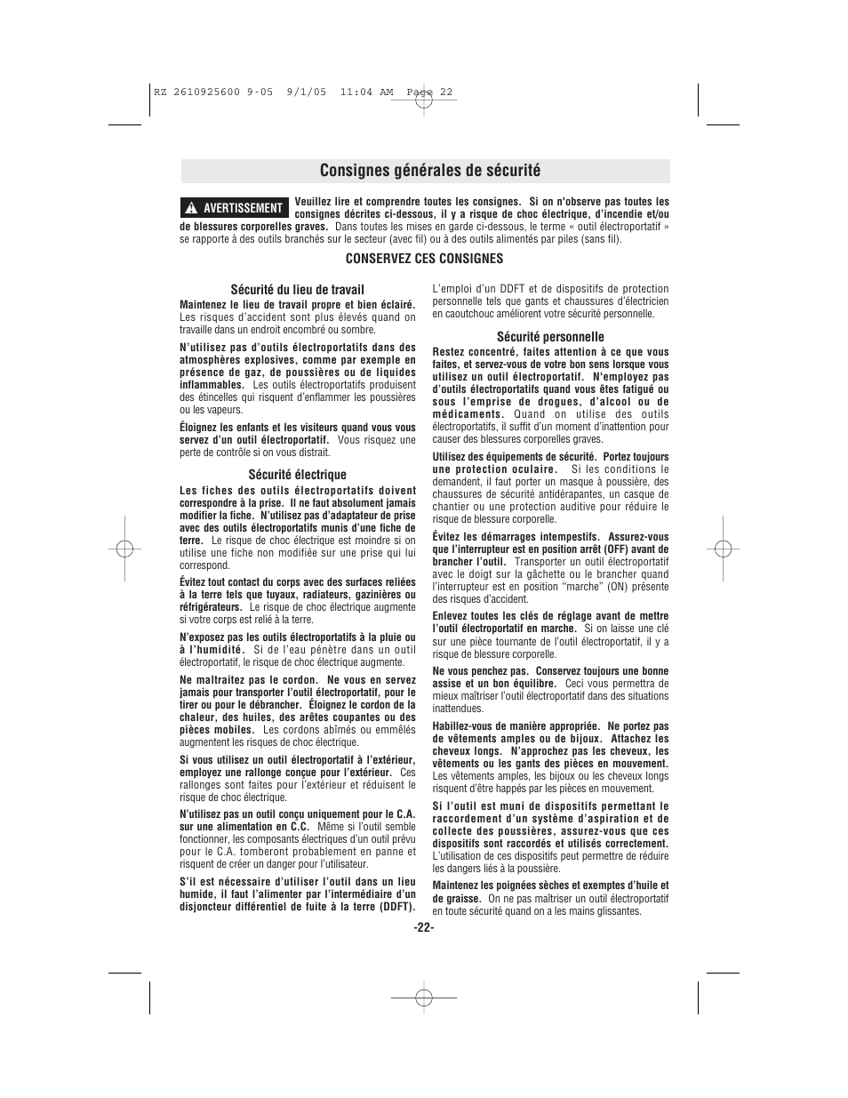 Consignes générales de sécurité | Bosch ROTOZIP RZ18V User Manual | Page 22 / 64