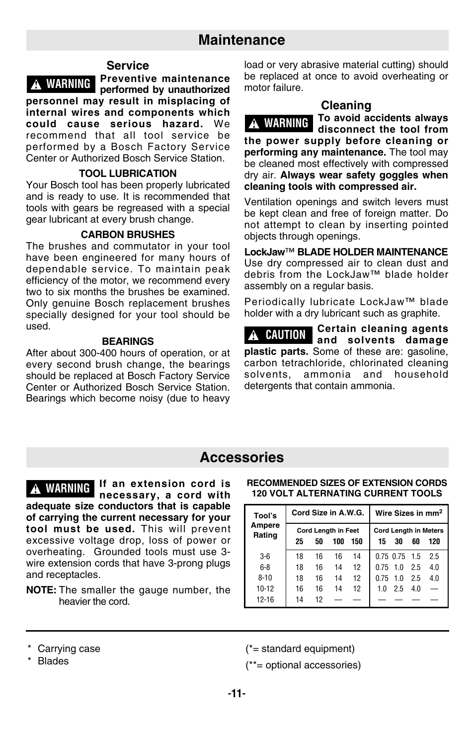 Maintenance, Accessories, Service | Cleaning, Warning, Caution | Bosch RS20 User Manual | Page 11 / 32