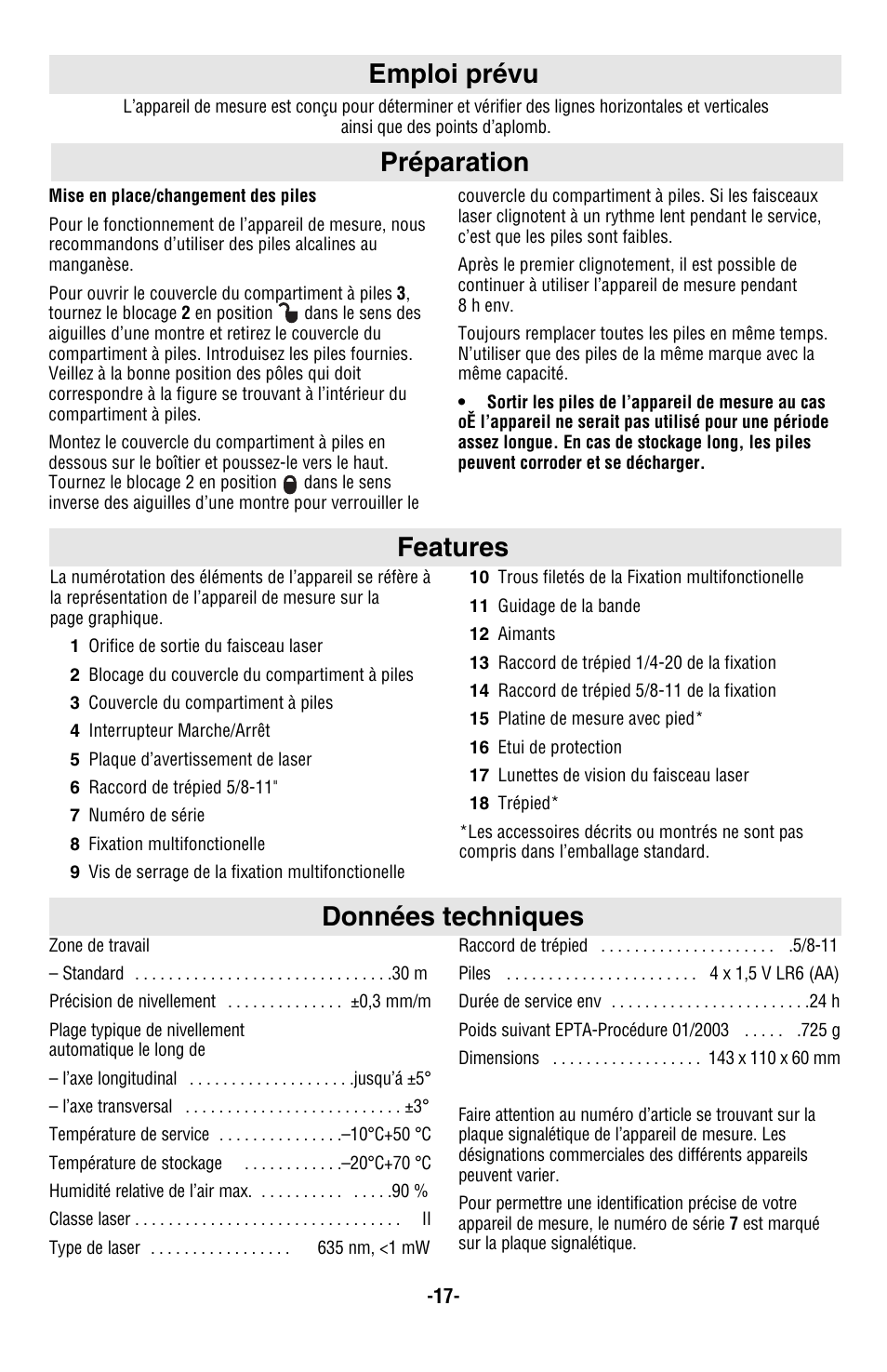 Préparation emploi prévu features, Données techniques | Bosch GPL5 User Manual | Page 17 / 36