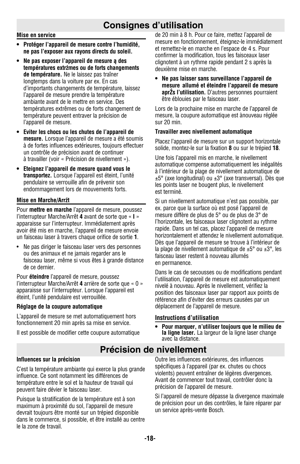 Consignes d’utilisation, Précision de nivellement | Bosch GPL5 User Manual | Page 18 / 36