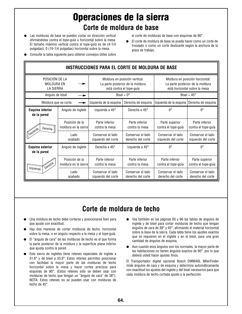 Operaciones de la sierra, Corte de moldura de base, Corte de moldura de techo | Instrucciones para el corte de moldura de base | Bosch 5412L User Manual | Page 64 / 112