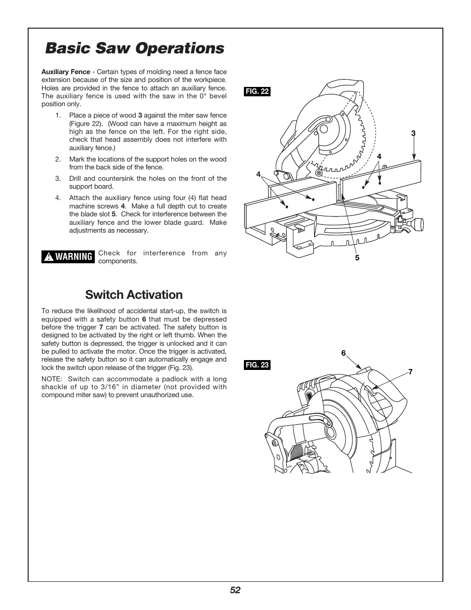 Basic saw operations, Switch activation | Bosch 3924B-24 User Manual | Page 52 / 88