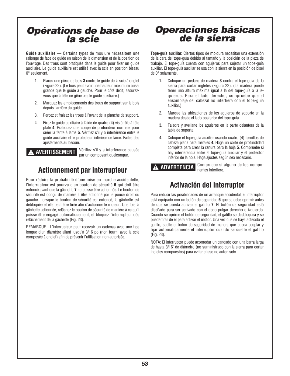 Opérations de base de la scie, Operaciones básicas de la sierra, Actionnement par interrupteur | Activación del interruptor | Bosch 3924B-24 User Manual | Page 53 / 88