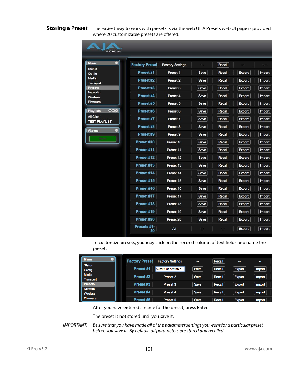 Storing a preset | AJA Ki Pro User Manual | Page 101 / 110