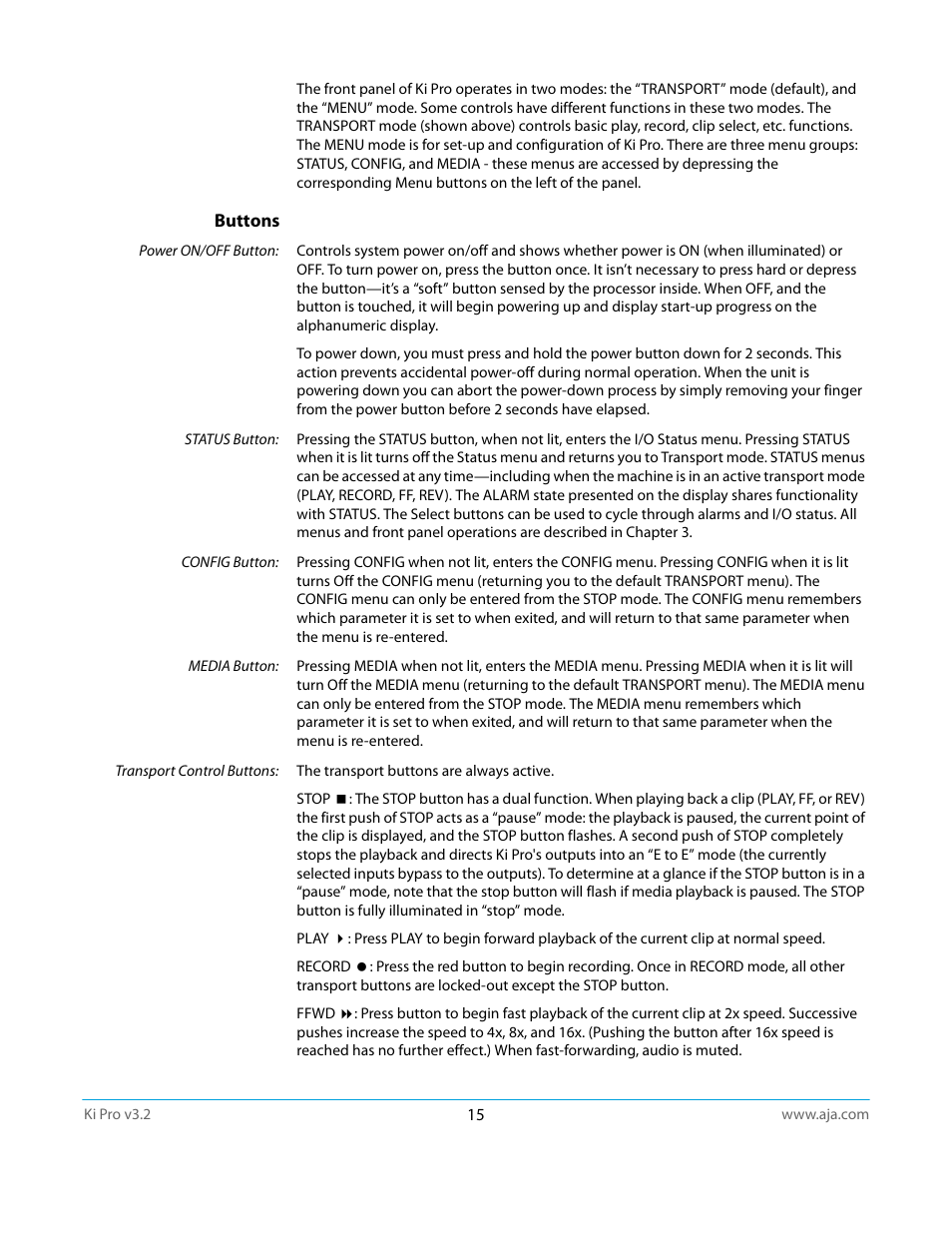 Buttons | AJA Ki Pro User Manual | Page 15 / 110