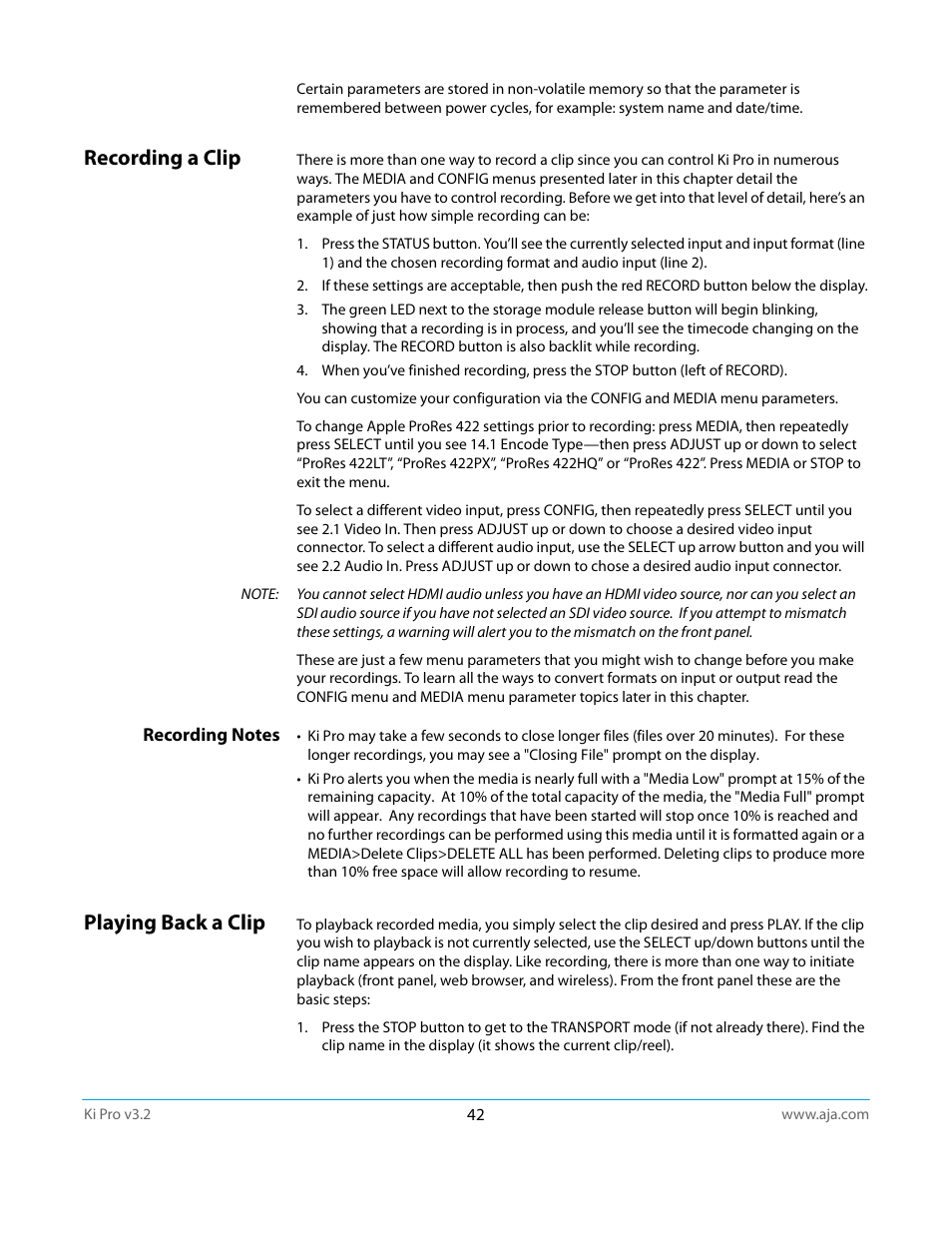 Recording a clip, Recording notes, Playing back a clip | AJA Ki Pro User Manual | Page 42 / 110