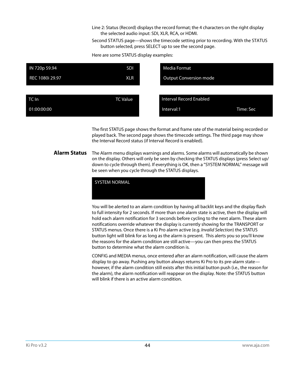 Alarm status | AJA Ki Pro User Manual | Page 44 / 110