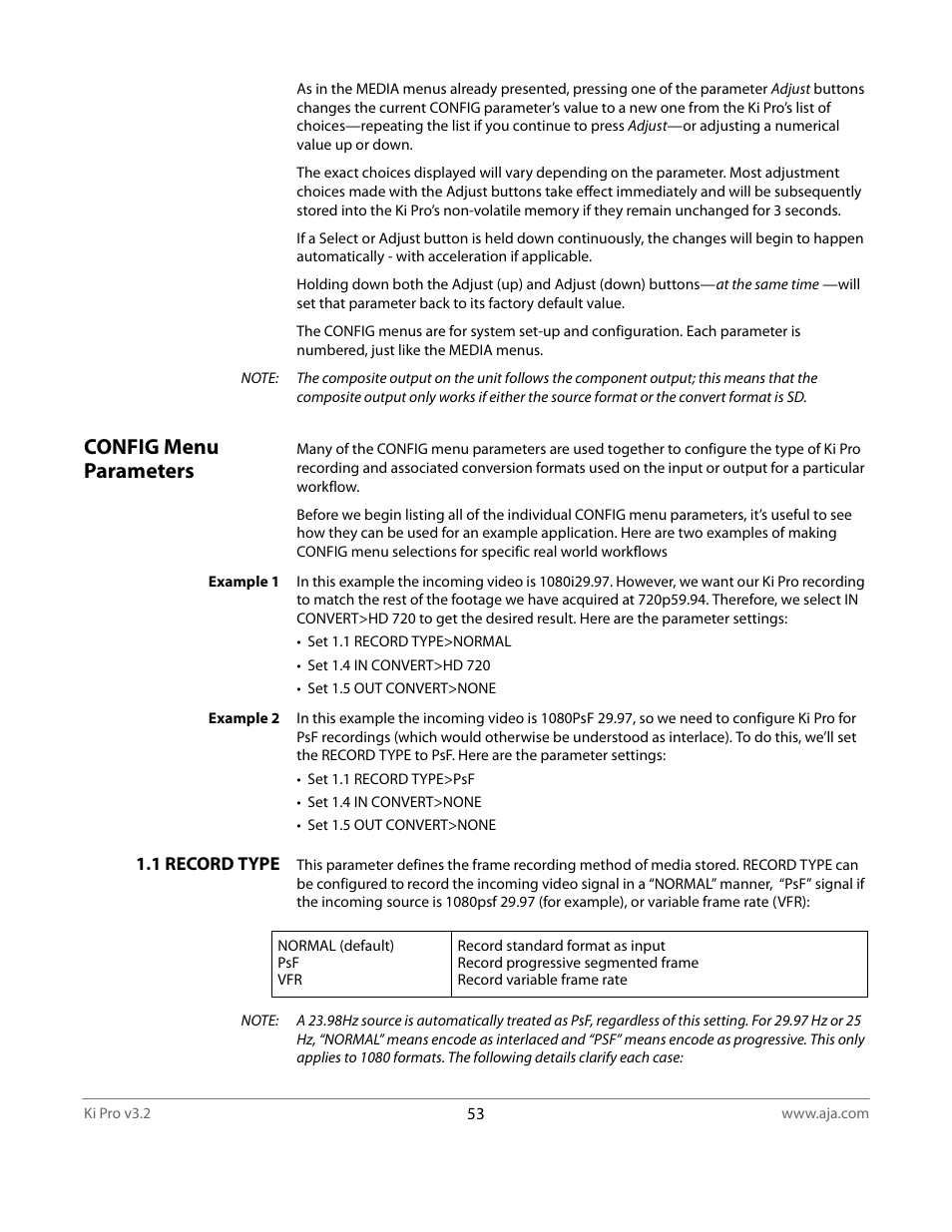 Config menu parameters, 1 record type | AJA Ki Pro User Manual | Page 53 / 110