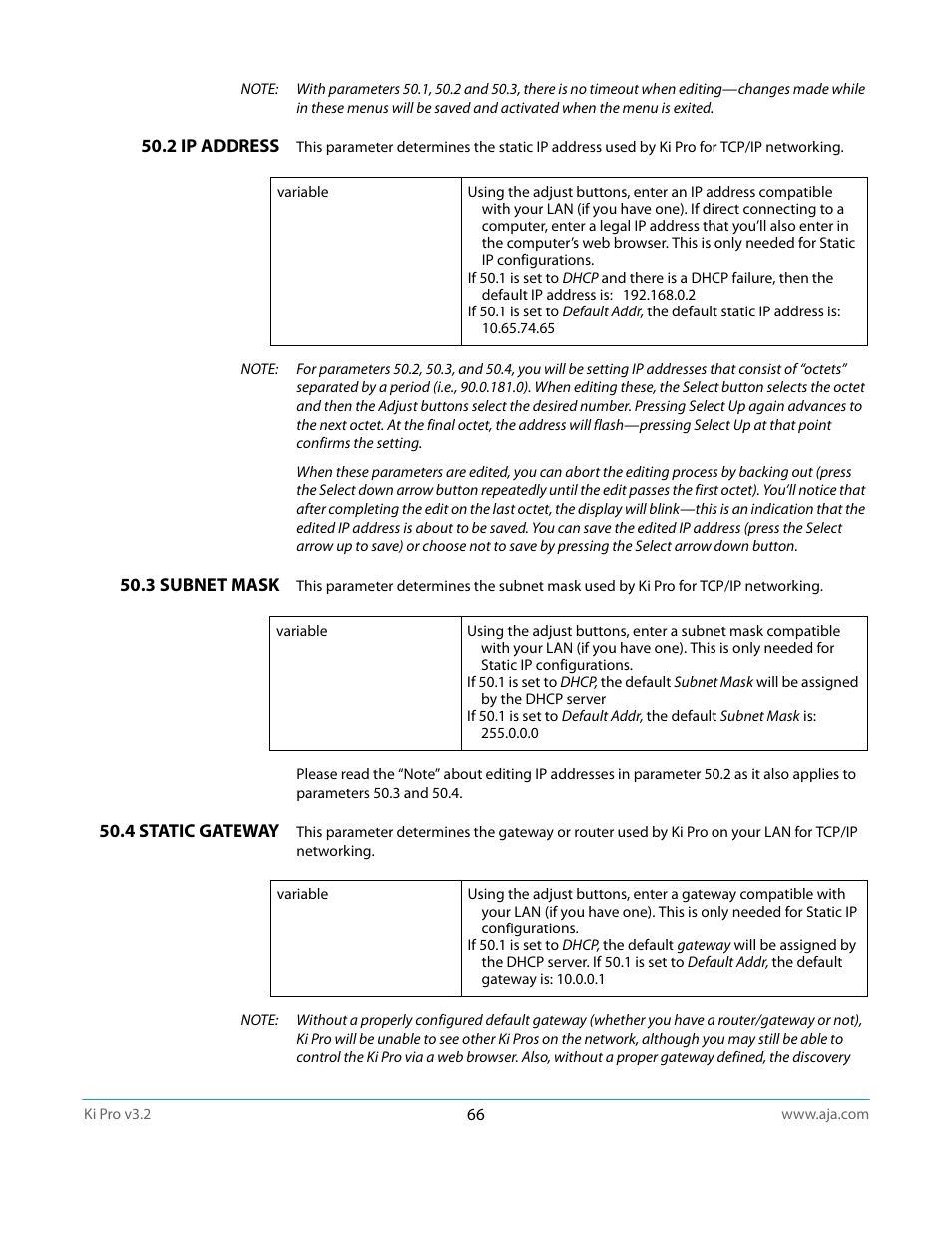 2 ip address, 3 subnet mask, 4 static gateway | 2 ip address 50.3 subnet mask 50.4 static gateway | AJA Ki Pro User Manual | Page 66 / 110