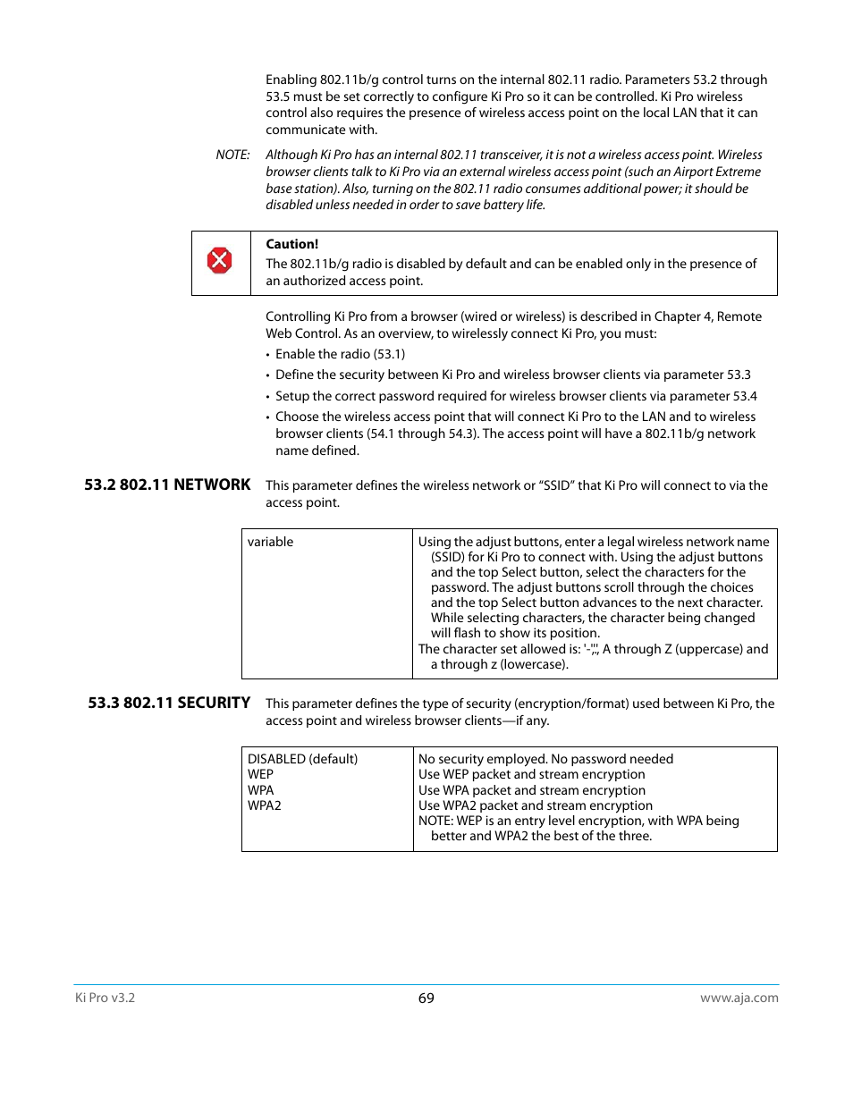 2 802.11 network, 3 802.11 security, 2 802.11 network 53.3 802.11 security | AJA Ki Pro User Manual | Page 69 / 110