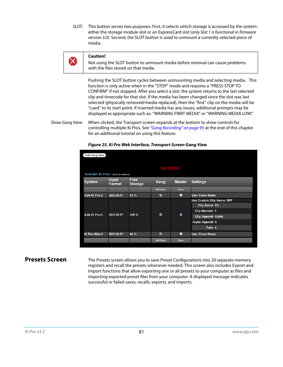 Presets screen | AJA Ki Pro User Manual | Page 81 / 110