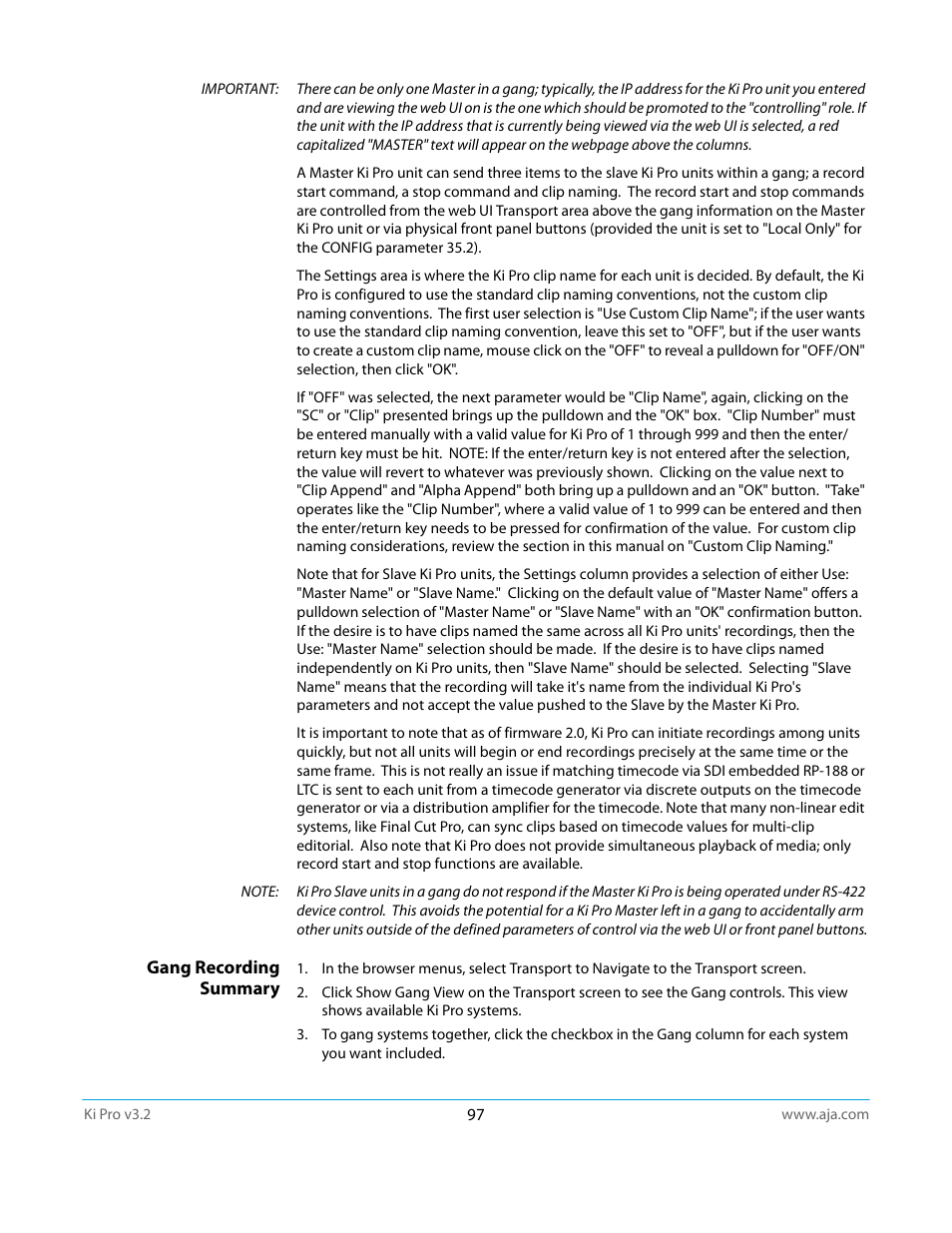 Gang recording summary | AJA Ki Pro User Manual | Page 97 / 110