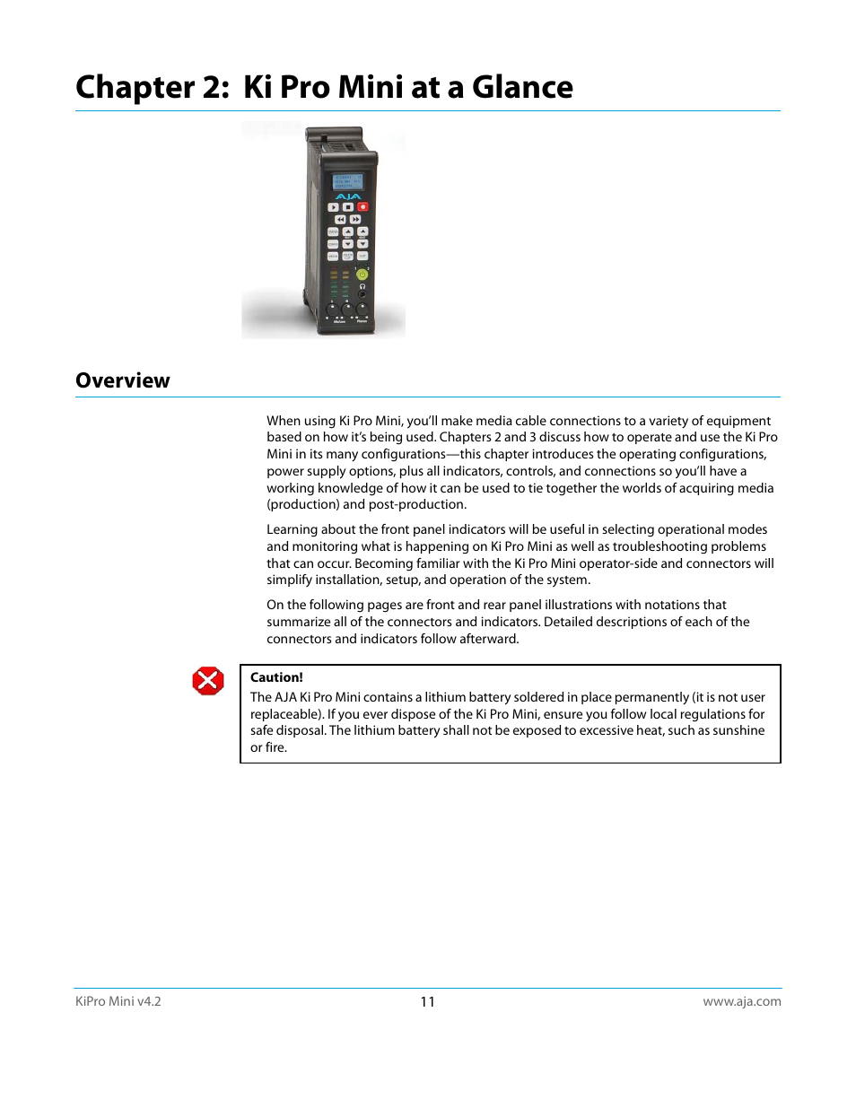 Overview, Chapter 2: ki pro mini at a glance | AJA Ki Pro Mini User Manual | Page 11 / 106