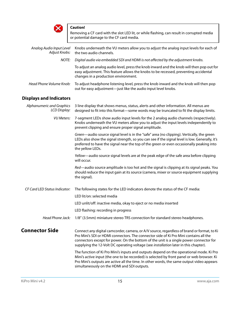 Displays and indicators, Connector side | AJA Ki Pro Mini User Manual | Page 15 / 106