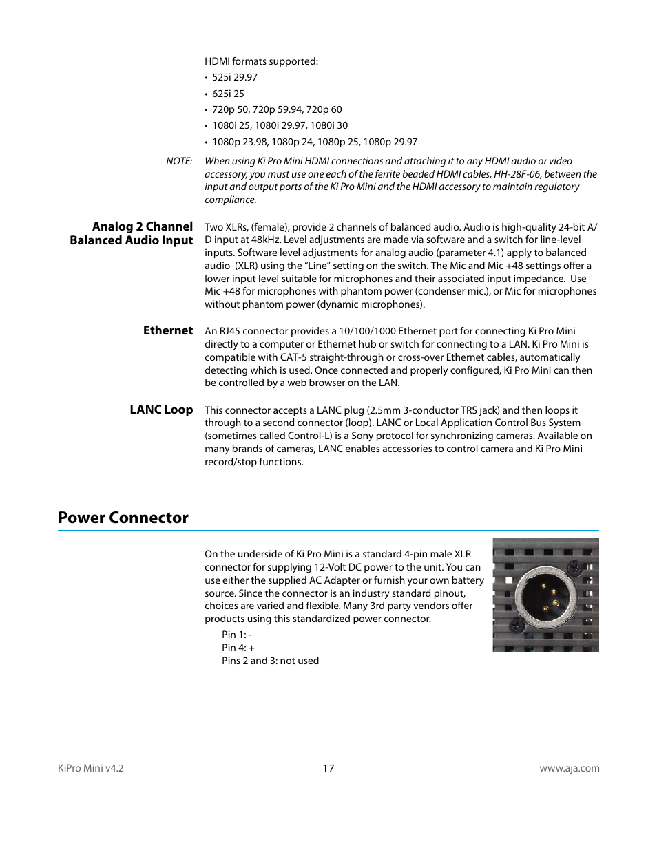 Analog 2 channel balanced audio input, Ethernet, Lanc loop | Power connector | AJA Ki Pro Mini User Manual | Page 17 / 106