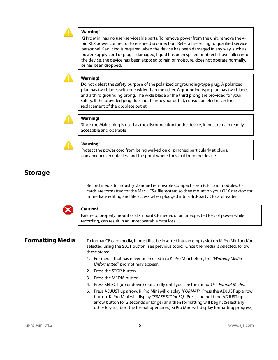 Storage, Formatting media | AJA Ki Pro Mini User Manual | Page 18 / 106