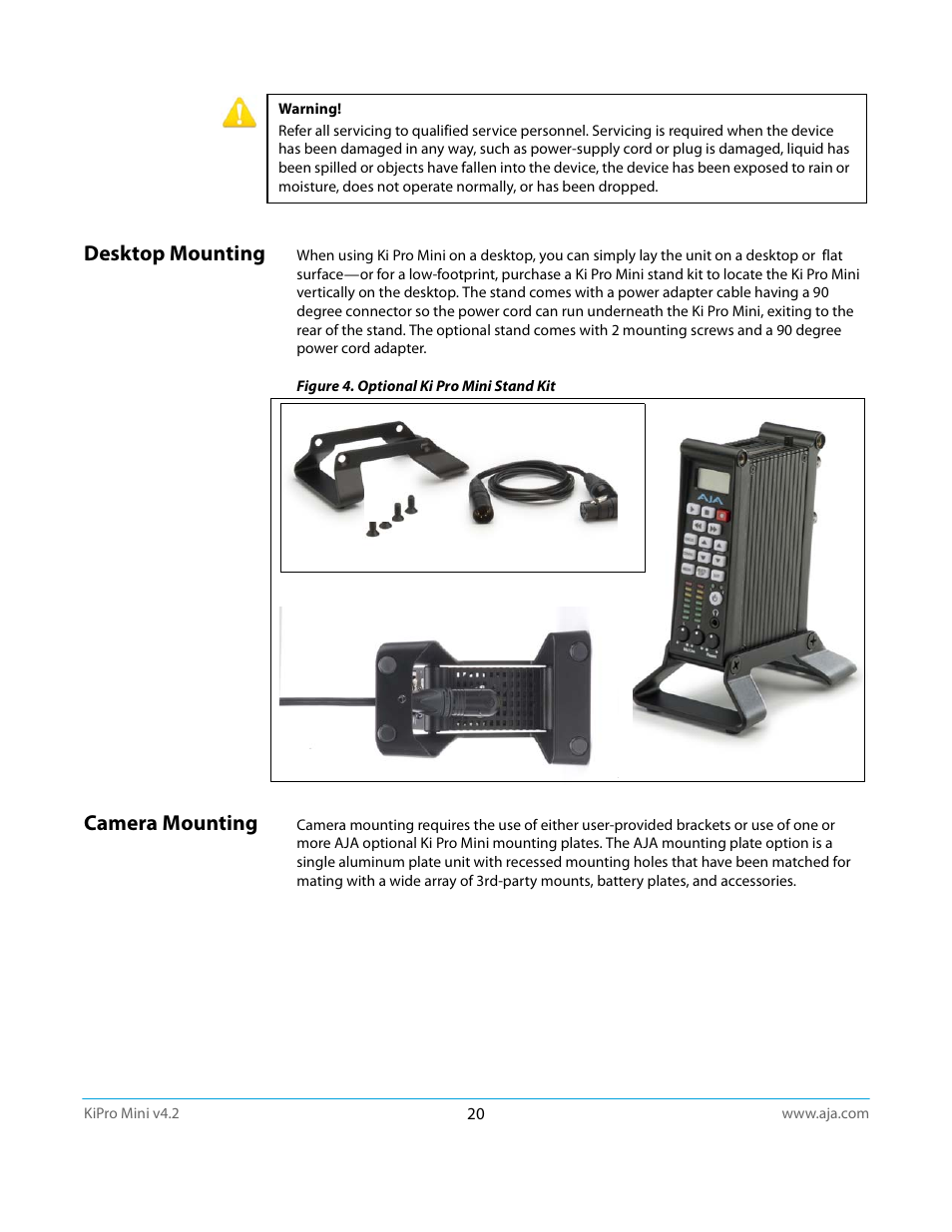 Desktop mounting, Camera mounting, Desktop mounting camera mounting | AJA Ki Pro Mini User Manual | Page 20 / 106