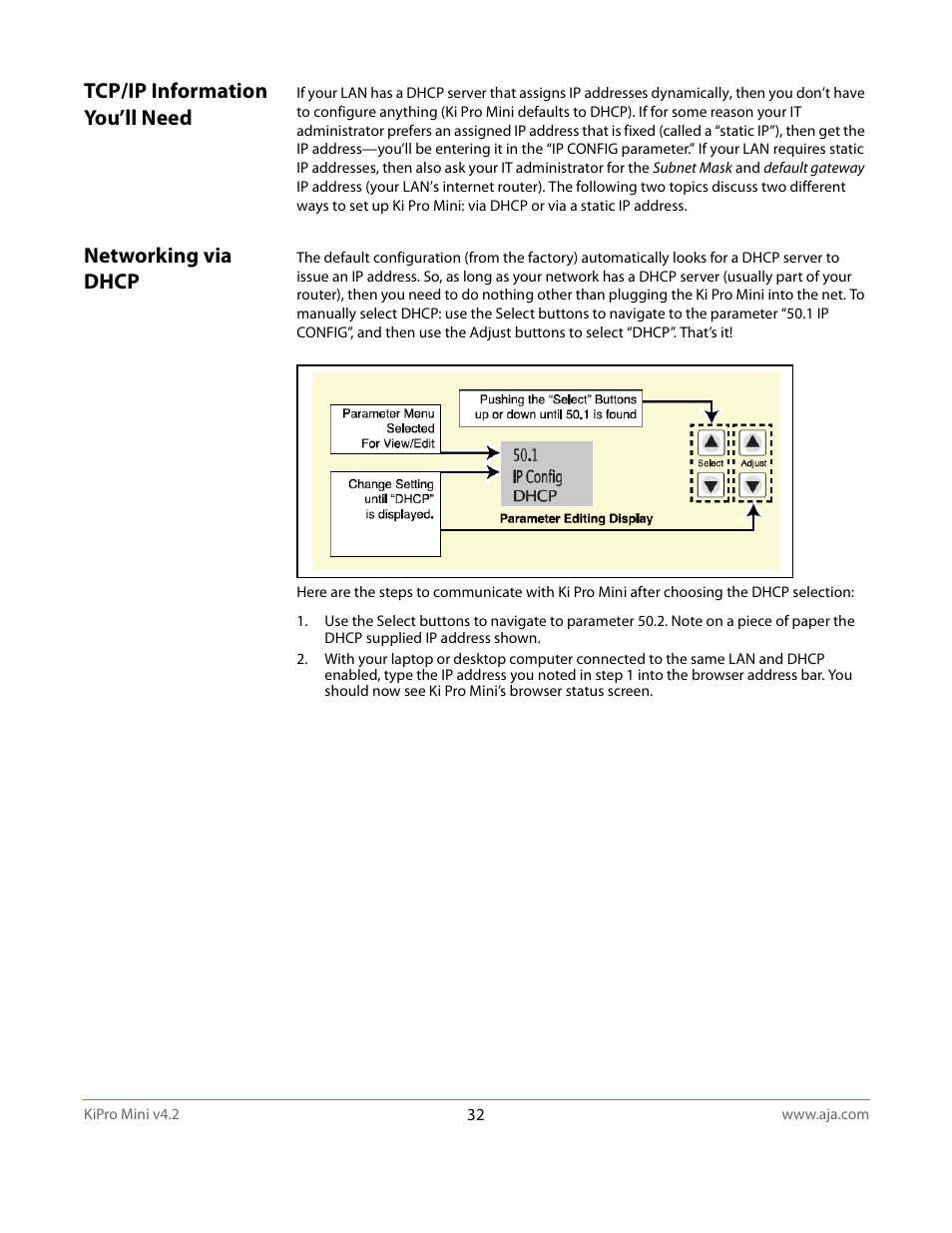 Tcp/ip information you’ll need, Networking via dhcp, Tcp/ip information you’ll need networking via dhcp | AJA Ki Pro Mini User Manual | Page 32 / 106