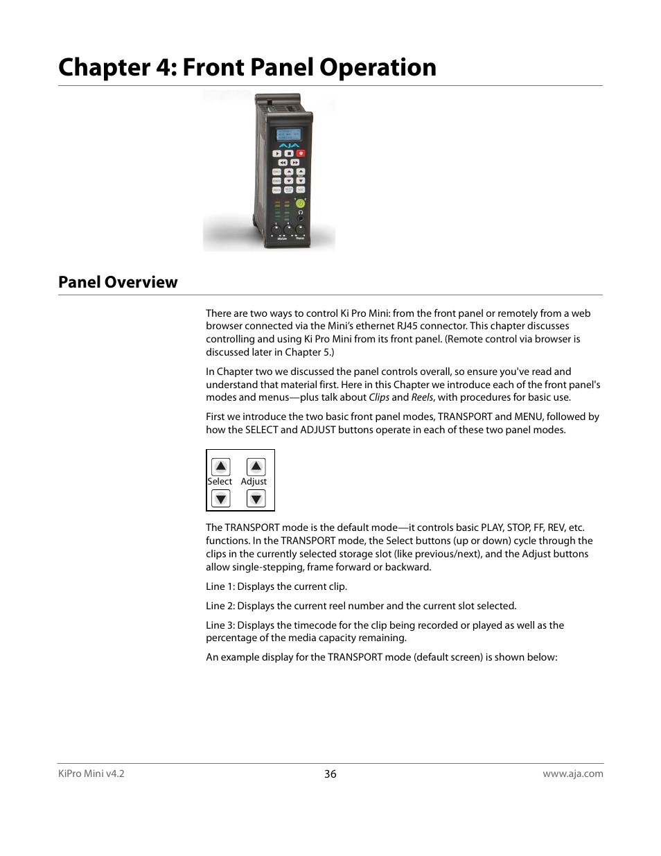 Panel overview, Chapter 4: front panel operation | AJA Ki Pro Mini User Manual | Page 36 / 106