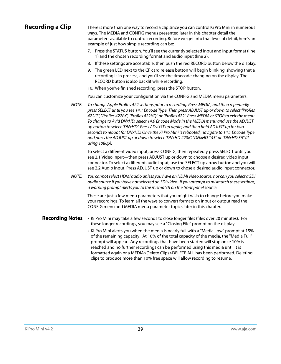 Recording a clip, Recording notes | AJA Ki Pro Mini User Manual | Page 39 / 106