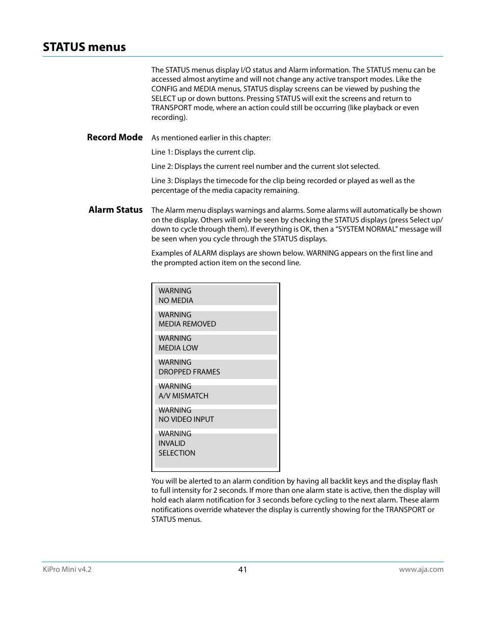 Status menus, Record mode, Alarm status | AJA Ki Pro Mini User Manual | Page 41 / 106