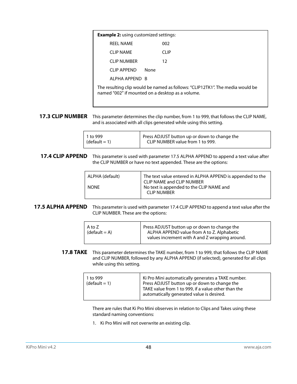 3 clip number, 4 clip append, 5 alpha append | 8 take | AJA Ki Pro Mini User Manual | Page 48 / 106