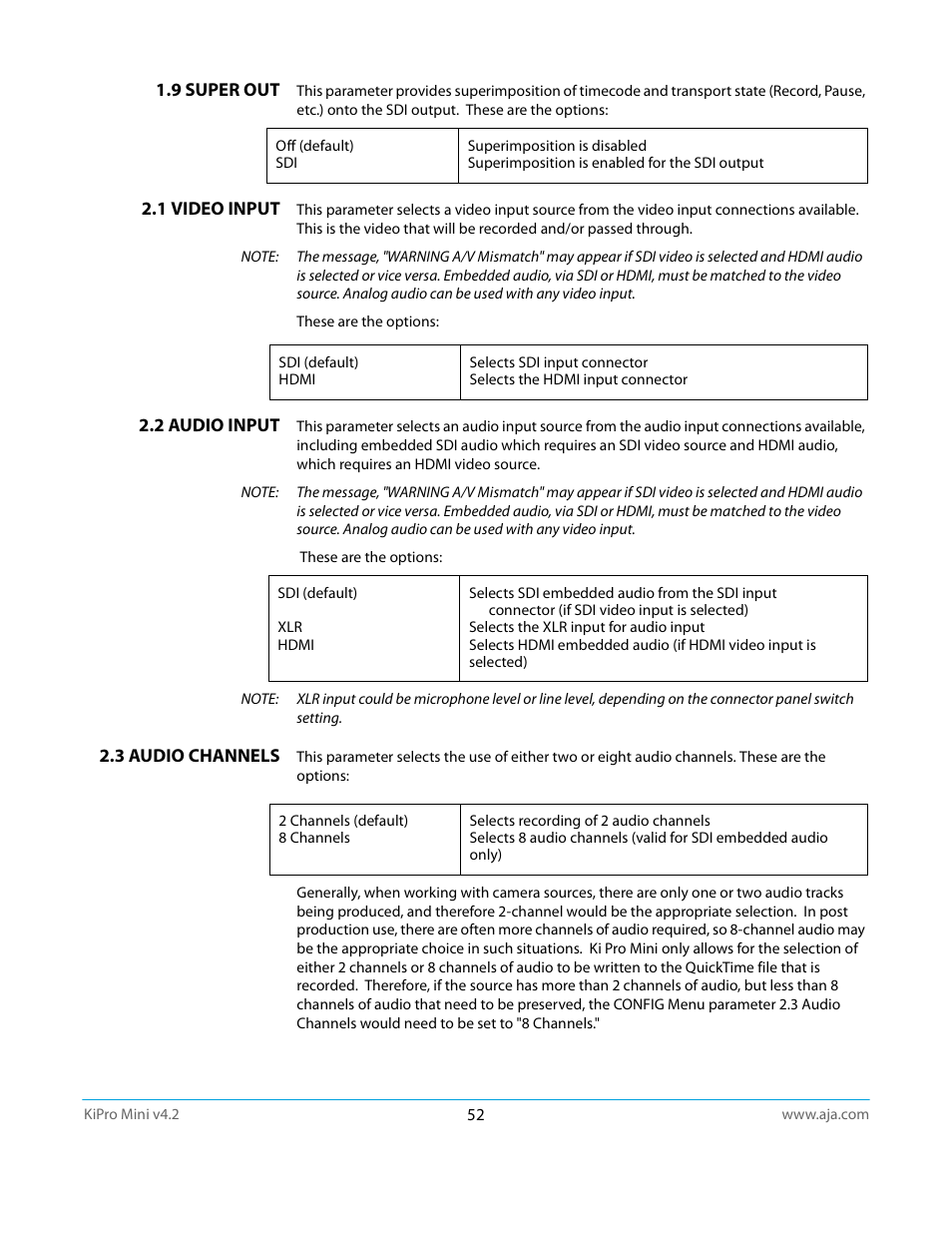 9 super out, 1 video input, 2 audio input | 3 audio channels | AJA Ki Pro Mini User Manual | Page 52 / 106