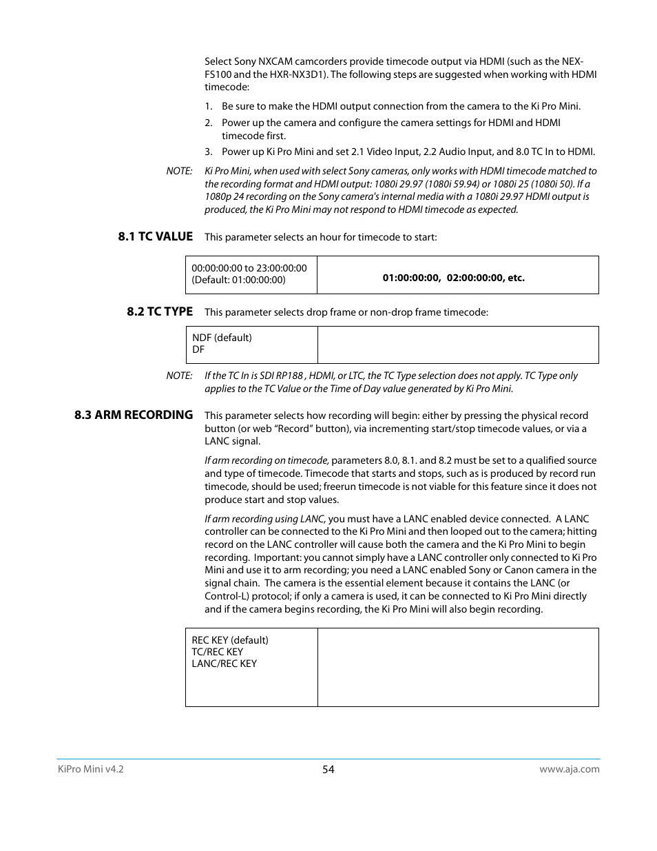 1 tc value, 2 tc type, 3 arm recording | AJA Ki Pro Mini User Manual | Page 54 / 106