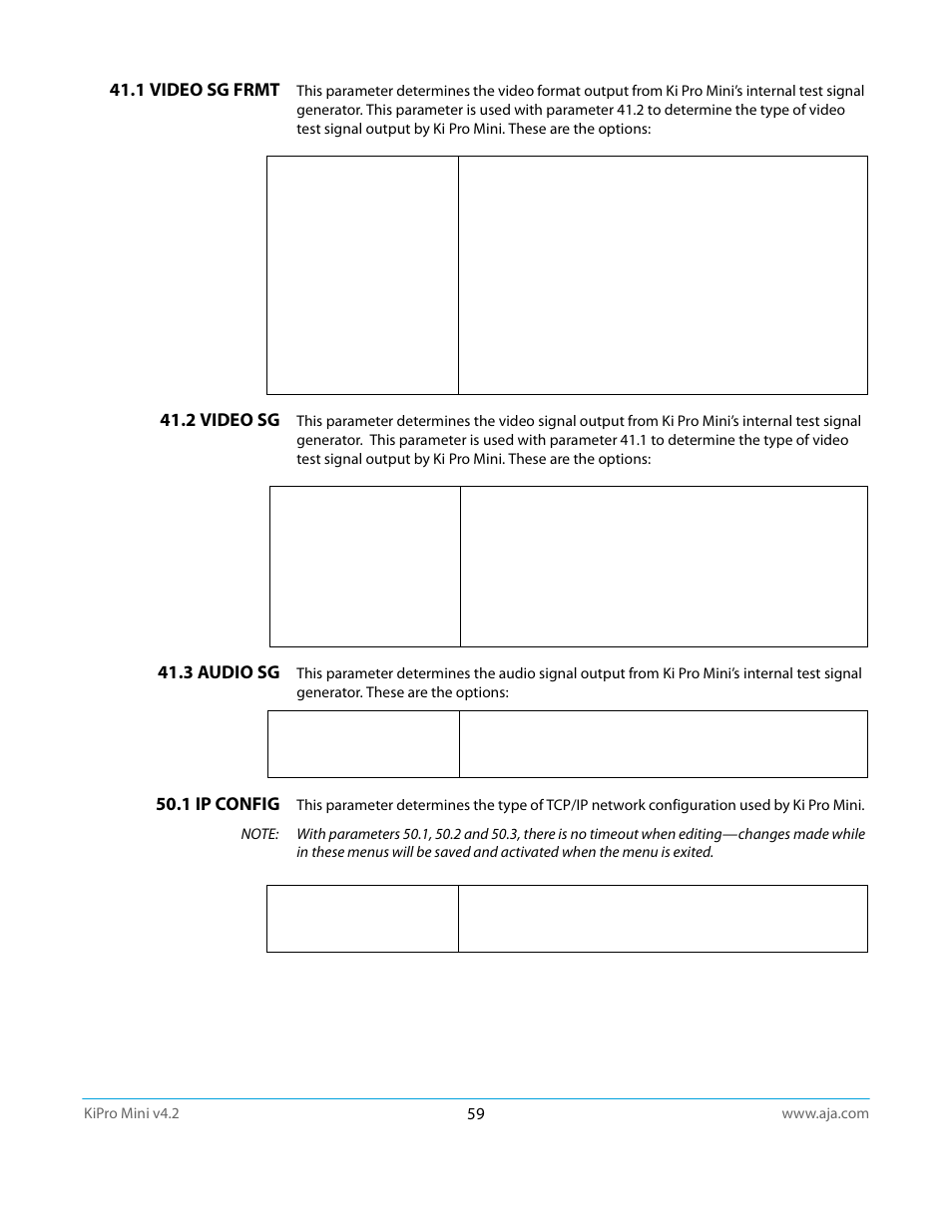 1 video sg frmt, 2 video sg, 3 audio sg | 1 ip config | AJA Ki Pro Mini User Manual | Page 59 / 106