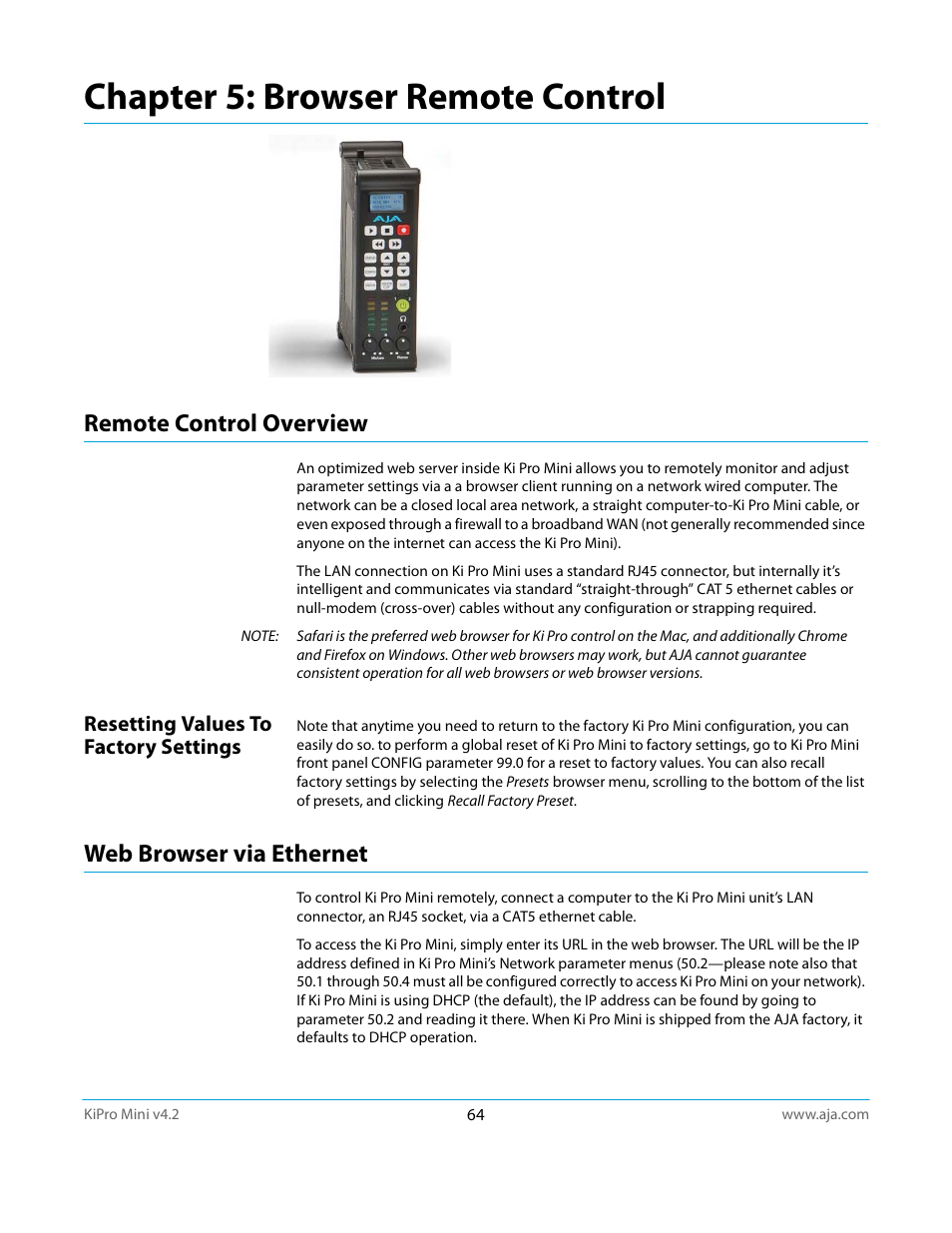 Remote control overview, Resetting values to factory settings, Web browser via ethernet | Chapter 5: browser remote control | AJA Ki Pro Mini User Manual | Page 64 / 106