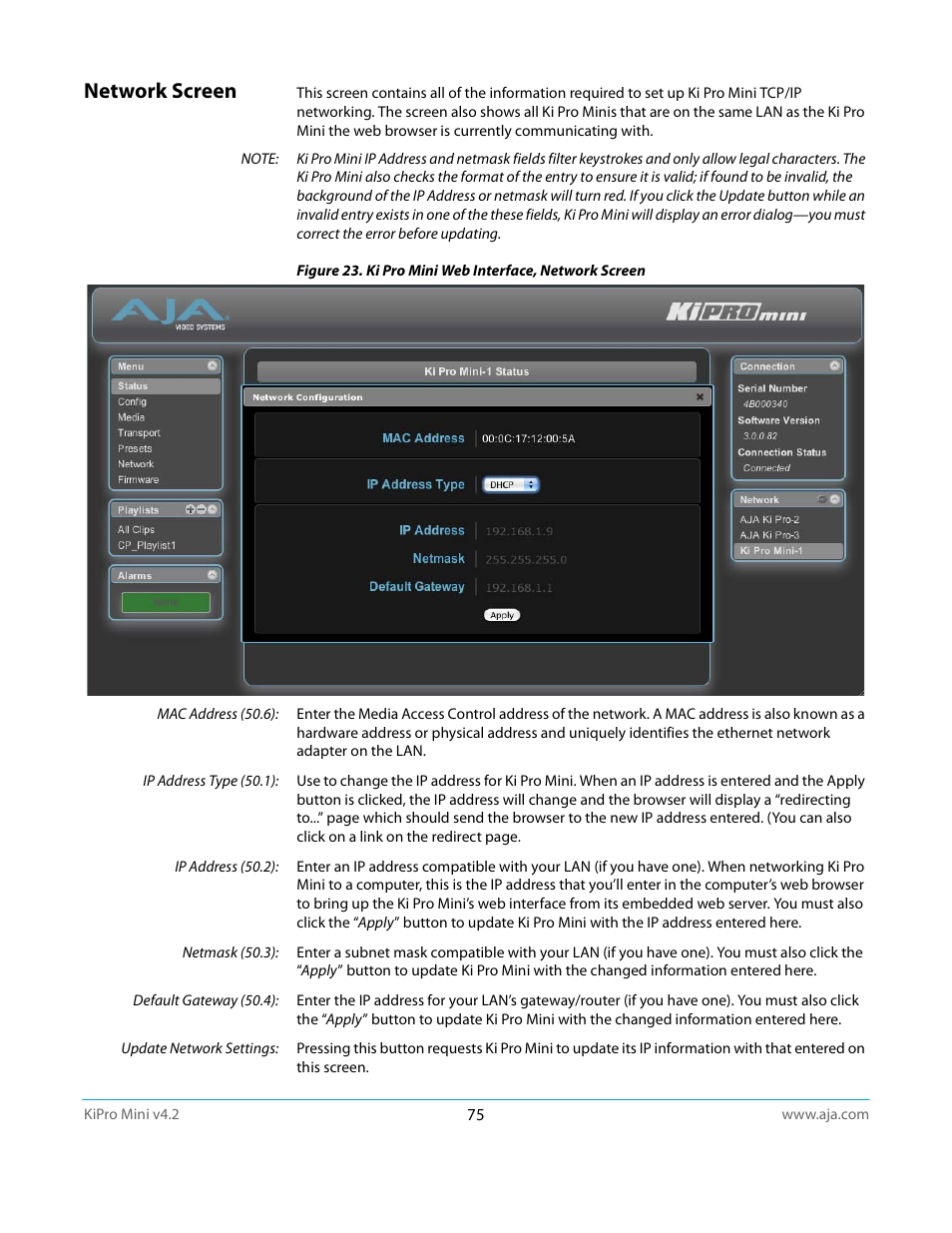 Network screen | AJA Ki Pro Mini User Manual | Page 75 / 106