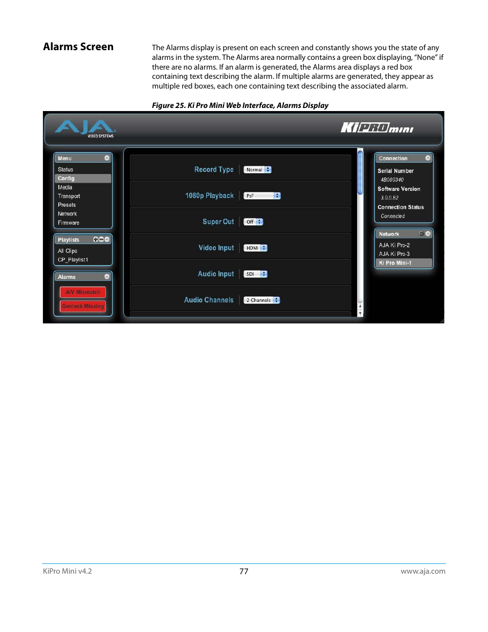 Alarms screen | AJA Ki Pro Mini User Manual | Page 77 / 106