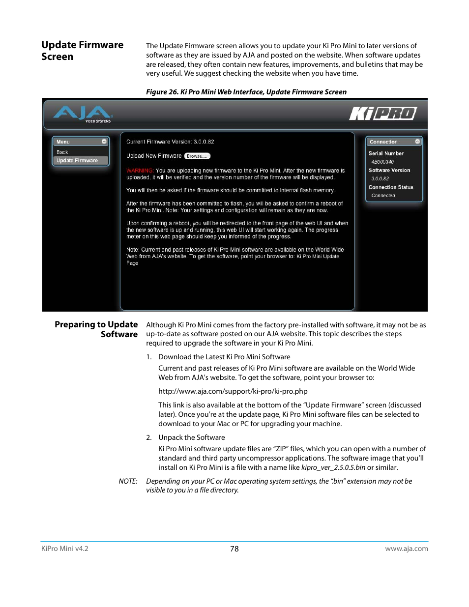 Update firmware screen, Preparing to update software | AJA Ki Pro Mini User Manual | Page 78 / 106