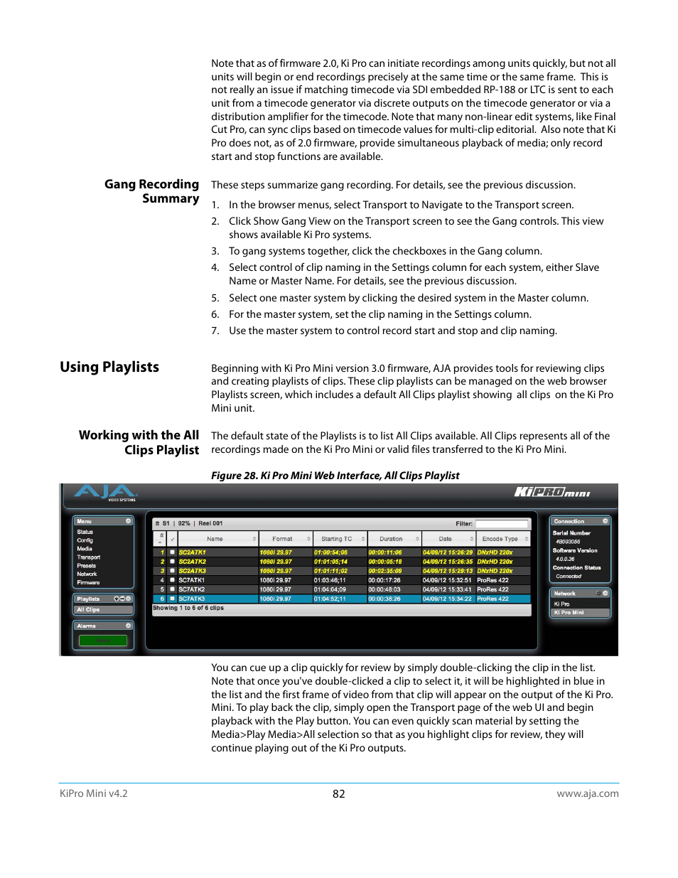 Gang recording summary, Using playlists, Working with the all clips playlist | AJA Ki Pro Mini User Manual | Page 82 / 106