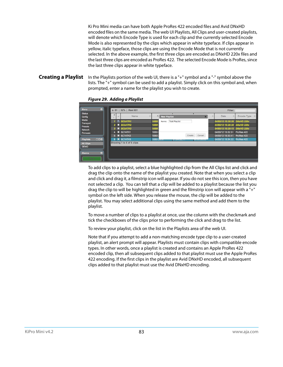 Creating a playlist | AJA Ki Pro Mini User Manual | Page 83 / 106