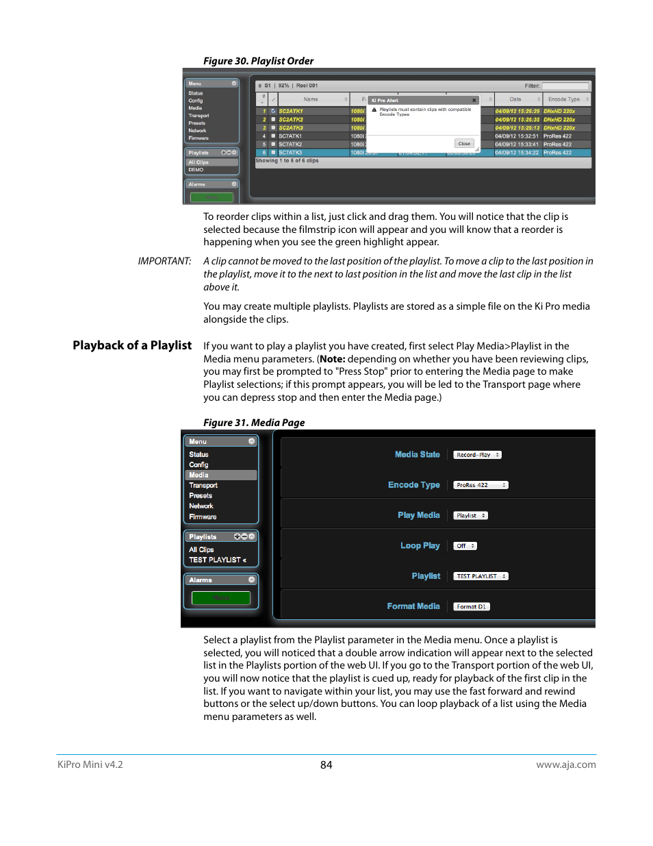 Playback of a playlist | AJA Ki Pro Mini User Manual | Page 84 / 106