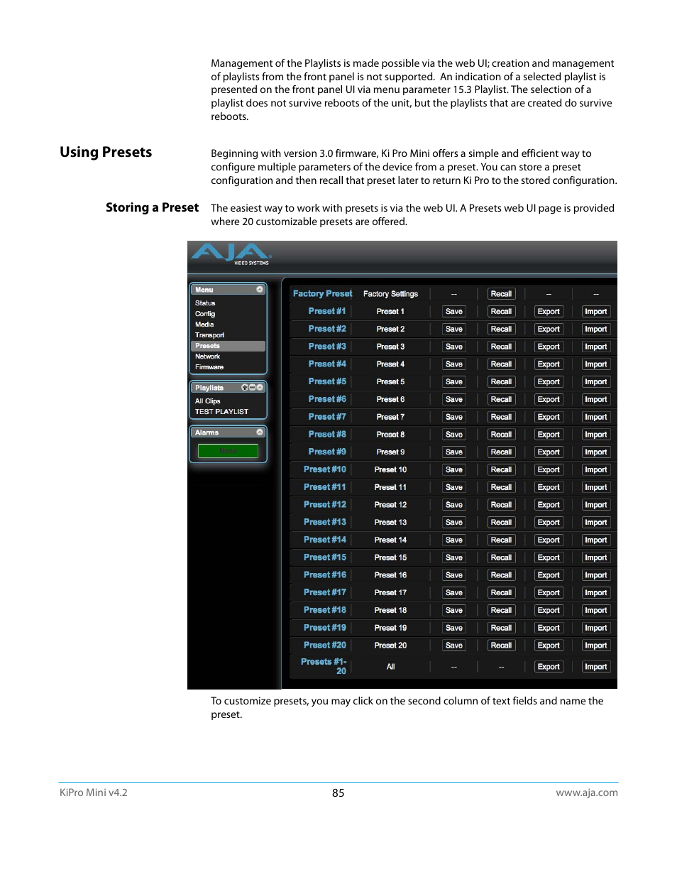 Using presets, Storing a preset | AJA Ki Pro Mini User Manual | Page 85 / 106