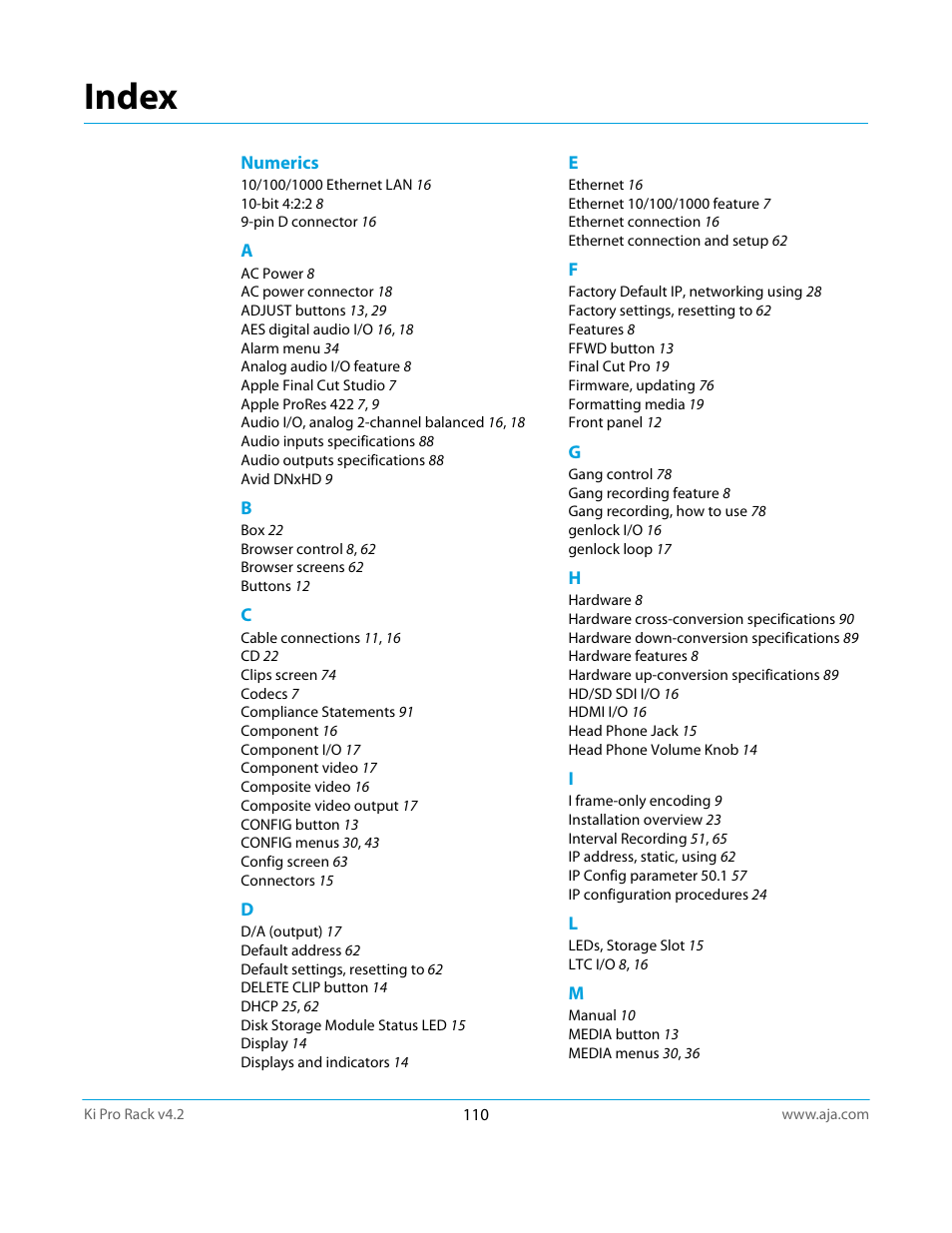 Index | AJA Ki Pro Rack User Manual | Page 110 / 111