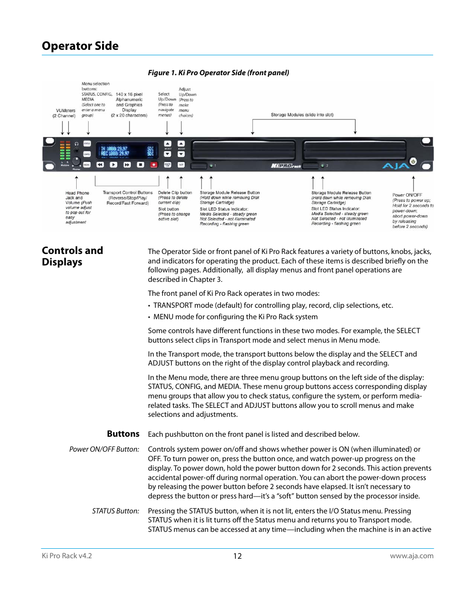 Operator side, Controls and displays, Buttons | AJA Ki Pro Rack User Manual | Page 12 / 111
