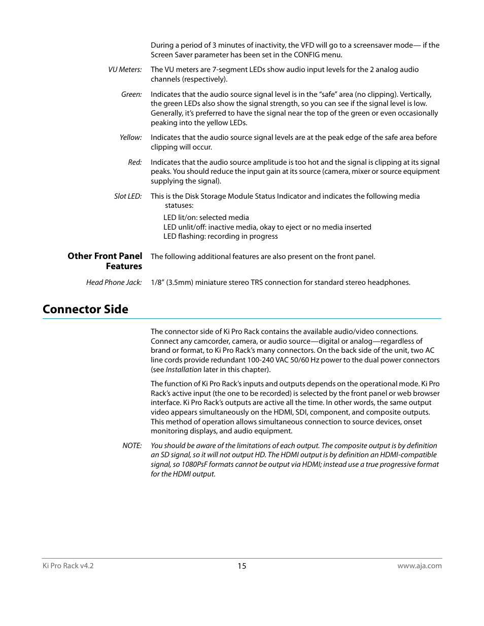 Other front panel features, Connector side | AJA Ki Pro Rack User Manual | Page 15 / 111